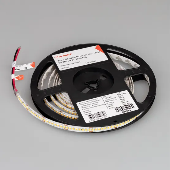 Фото #2 товара Светодиодная лента RT-A240-10mm 24V Warm3500 (22 W/m, IP20, 2835, 5m) (Arlight, высок.эфф.150 лм/Вт)