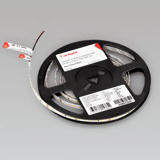 Фото #2 товара Светодиодная лента RT-A120-8mm 24V Warm3500 CRI98 (14.4 W/m, IP20, 2835, 5m) (Arlight, Открытый)