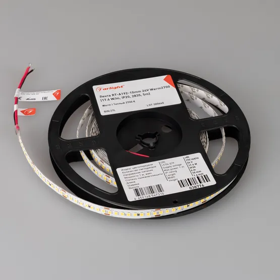Фото #2 товара Светодиодная лента RT-A192-10mm 24V Warm2700 (17.6 W/m, IP20, 2835, 5m) (Arlight, высок.эфф.150 лм/Вт)