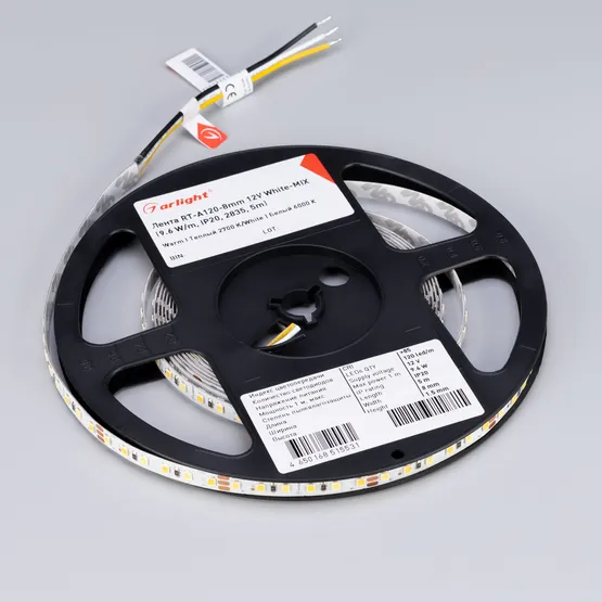 Фото #5 товара Светодиодная лента RT-A120-8mm 12V White-MIX (9.6 W/m, IP20, 2835, 5m) (Arlight, Изменяемая ЦТ)