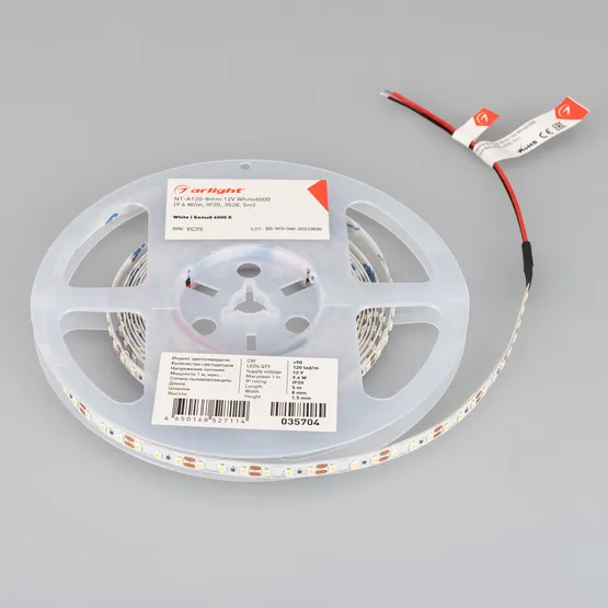 Фото #2 товара Светодиодная лента NT-A120-8mm 12V White6000 (9.6 W/m, IP20, 3528, 5m) (Arlight, Открытый)