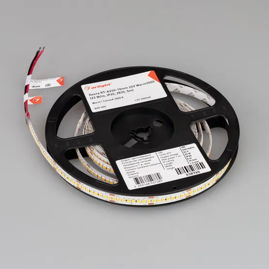 Фото #2 товара Светодиодная лента RT-A240-10mm 24V Warm3000 (22 W/m, IP20, 2835, 5m) (Arlight, высок.эфф.150 лм/Вт)