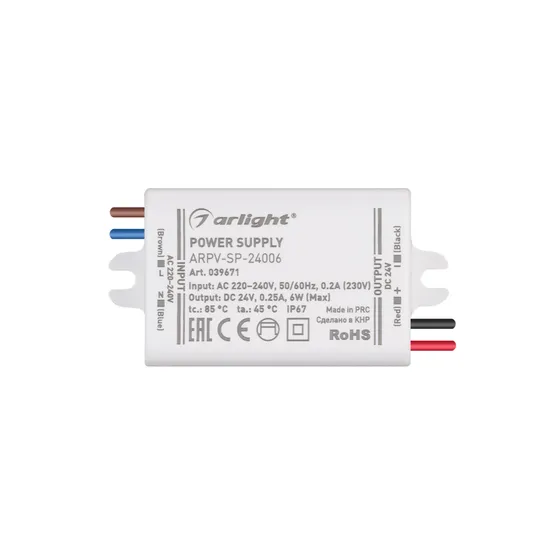 Фото #2 товара Блок питания ARPV-SP-24006 (24V, 0.25A, 6W) (Arlight, IP67 Пластик, 5 лет)
