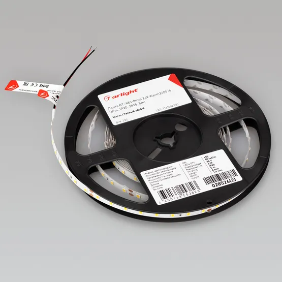 Фото #5 товара Светодиодная лента RT-A80-8mm 24V Warm2400 (6 W/m, IP20, 2835, 5m) (Arlight, высок.эфф.150 лм/Вт)