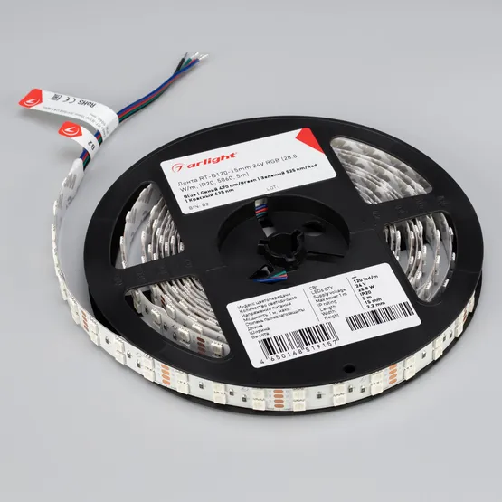 Фото #2 товара Светодиодная лента RT-B120-15mm 24V RGB (28.8 W/m, IP20, 5060, 5m) (Arlight, Открытый)