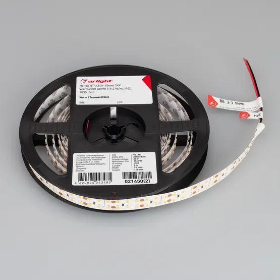 Фото #2 товара Светодиодная лента RT-A240-15mm 24V Warm2700 CRI98 (19.2 W/m, IP20, 2835, 5m) (Arlight, Открытый)