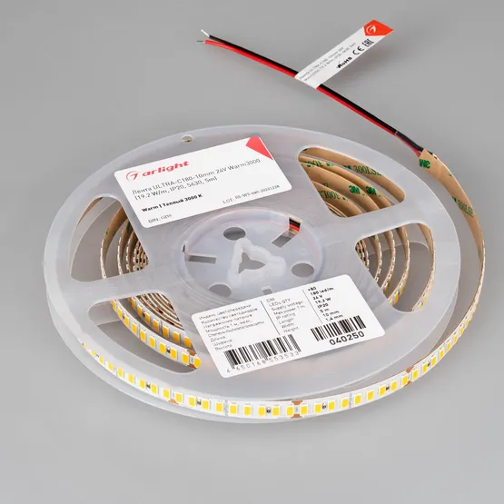 Фото #2 товара Светодиодная лента ULTRA-C180-10mm 24V Warm3000 (19.2 W/m, IP20, 5630, 5m) (Arlight, высок.эфф.200 лм/Вт)