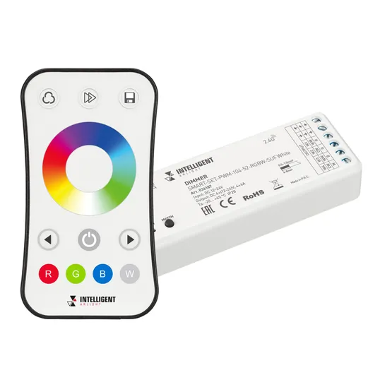 Фото товара INTELLIGENT ARLIGHT Диммер SMART-SET-PWM-104-52-RGBW-SUF White (12-24V, 4x4A, ПДУ RING 10кн, 2.4G) (IARL, Контроллер)