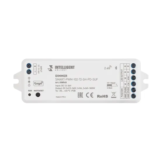 Фото #2 товара INTELLIGENT ARLIGHT Диммер SMART-PWM-102-72-SH-PD-SUF (12-36V, 2x5A, TUYA BLE, 2.4G) (IARL, Контроллер)