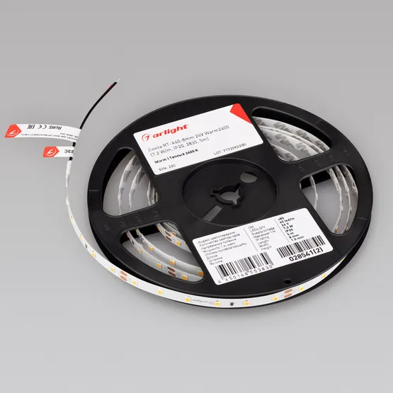 Фото #2 товара Светодиодная лента RT-A60-8mm 24V Warm2400 (7.2 W/m, IP20, 2835, 5m) (Arlight, Открытый)