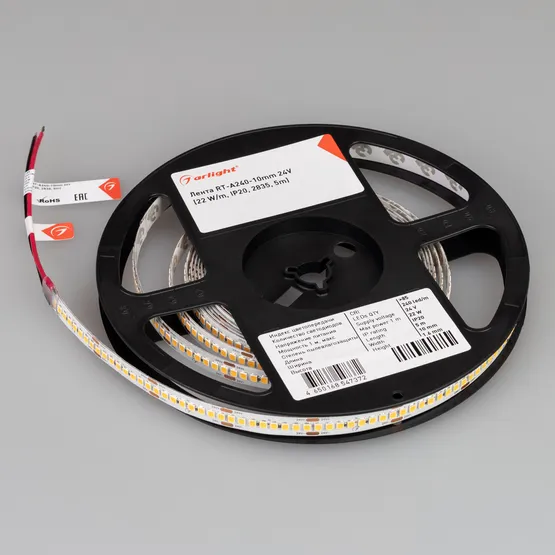 Фото #3 товара Светодиодная лента RT-A240-10mm 24V Warm2400 (22 W/m, IP20, 2835, 5m) (Arlight, высок.эфф.150 лм/Вт)