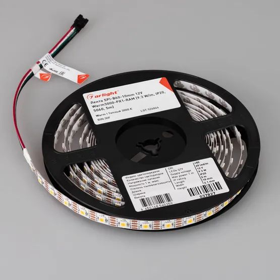 Фото #2 товара Светодиодная лента SPI-B60-10mm 12V Warm3000-PX1-RAM (9.3 W/m, IP20, 5060, 5m) (Arlight, бегущий огонь)